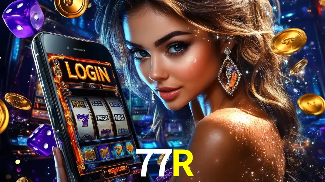 Mulher glamorosa segurando um smartphone com a tela de login para os jogos de caça-níqueis do cassino online 77R, com moedas de ouro e dados ao redor.