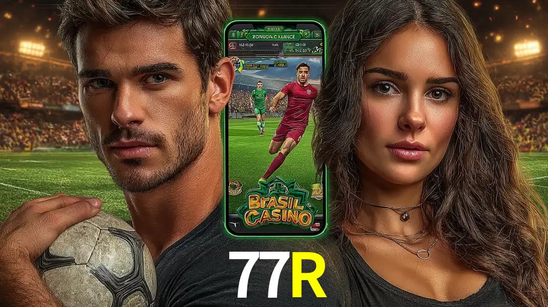 Homem segurando uma bola de futebol e uma mulher ao lado de um smartphone exibindo o jogo de apostas esportivas da 77R. Faça seu palpite no cassino online.