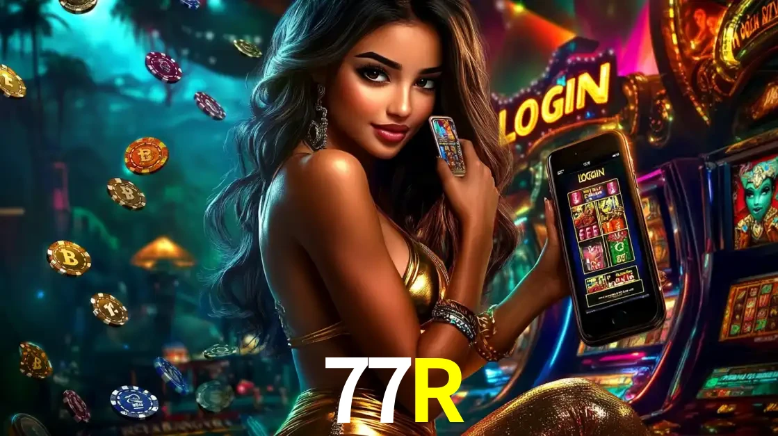 Mulher em um cenário de cassino temático de aventura, mostrando o app de caça-níqueis da 77R no celular. Fichas de apostas flutuam ao redor.